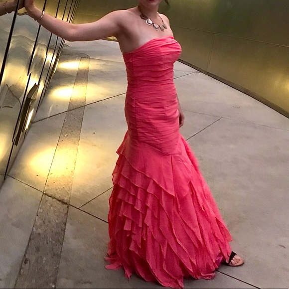 Strapless Pink Ruched Mermaid Flutter Prom Gown - Picture 2 of 2